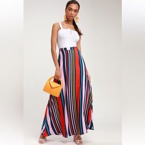 NEW Lulu's Van Nuys Navy Blue Multi Striped Maxi Skirt Flowy resort vacation XS